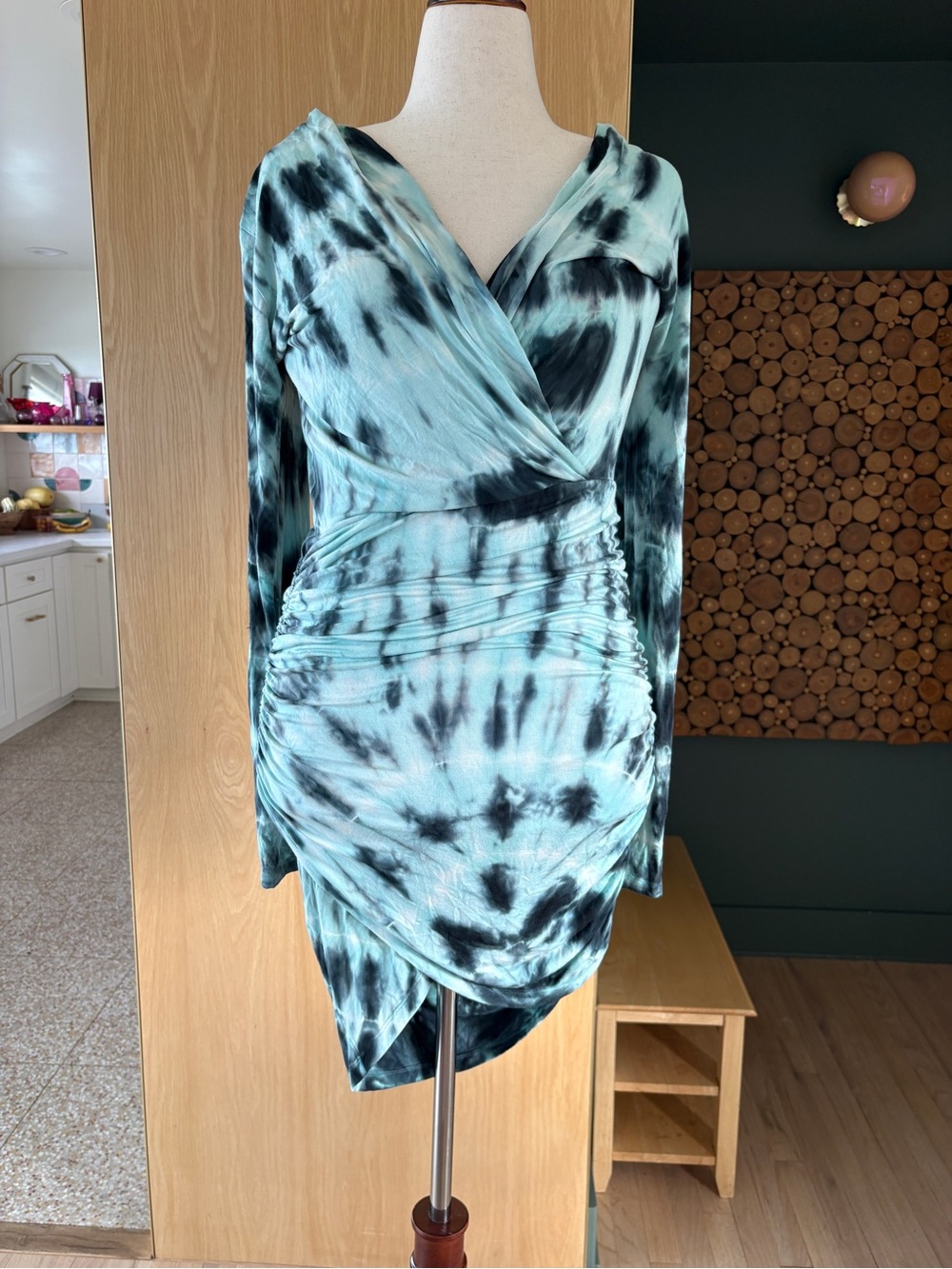 Young Fabulous & Broke Aqua and Black Tie-Dye Ruched Wrap Dress
